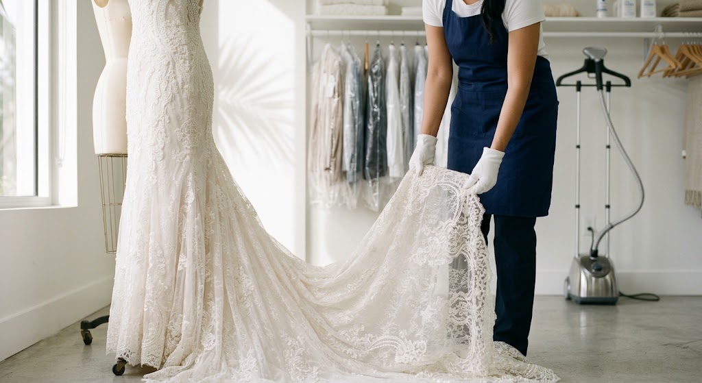 Wedding dress cleaning in Palm Beach County, gown inspected for hidden stains