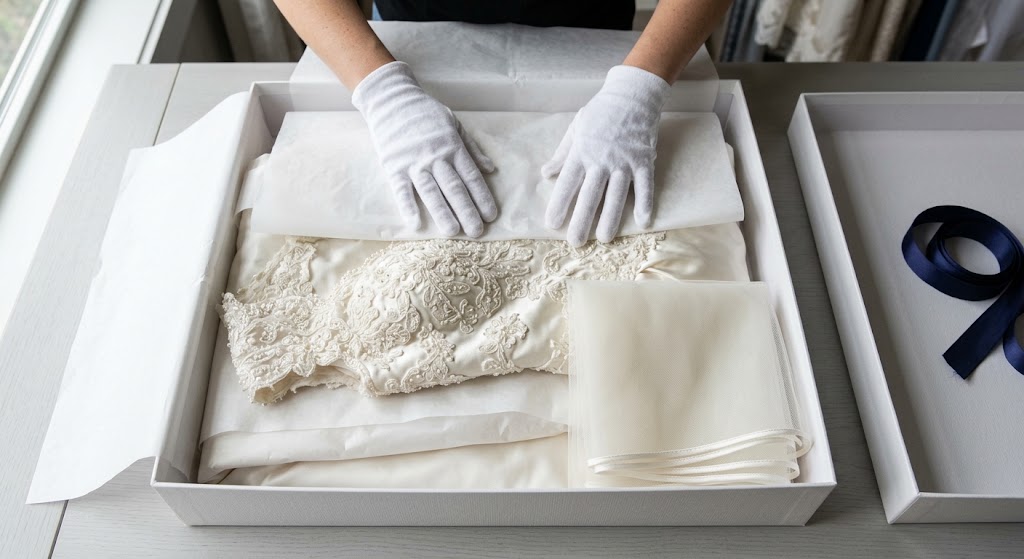 Wedding dress preservation with acid-free tissue and preservation box at L & M Dry Cleaners